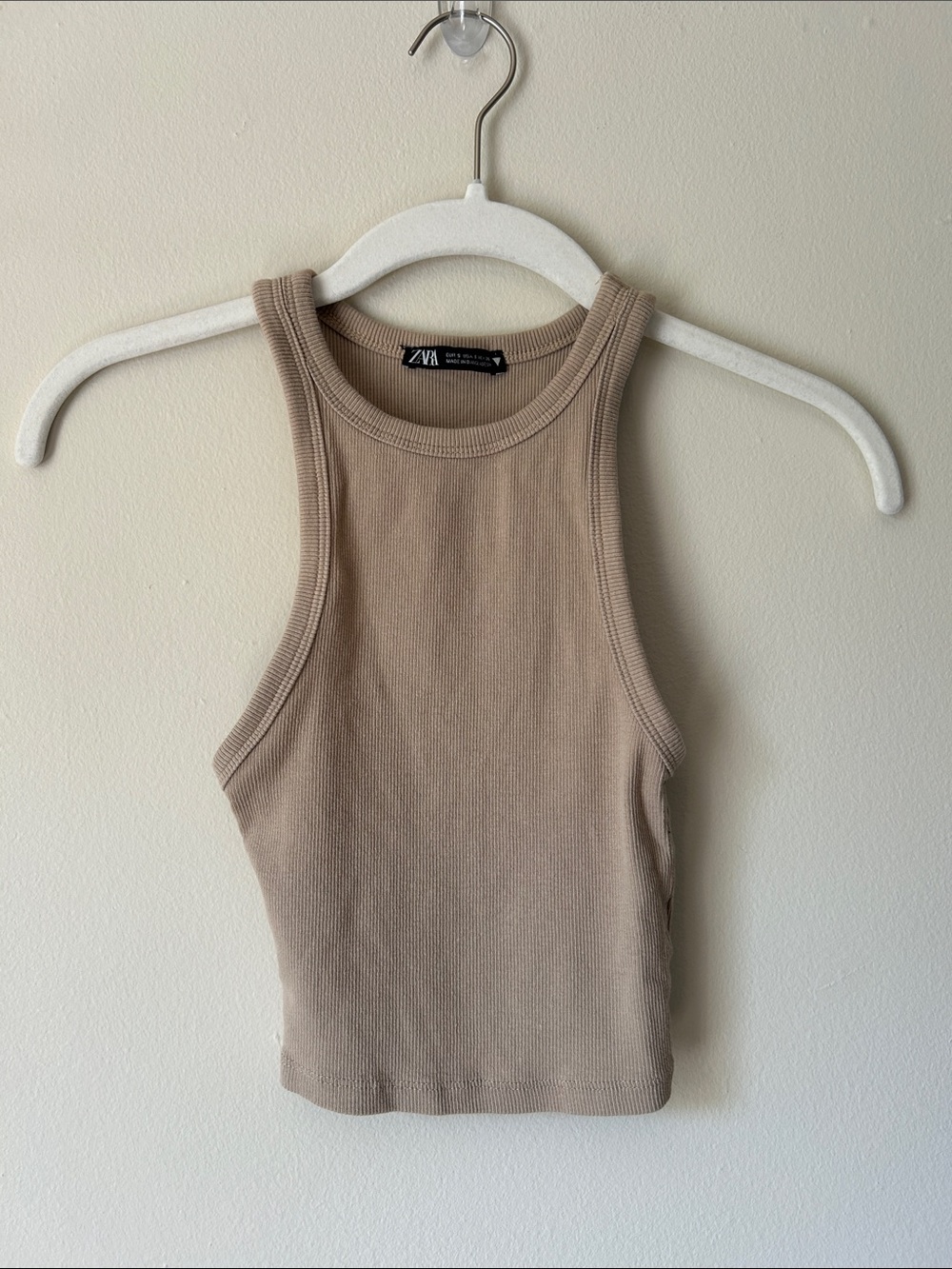 Zara Ribbed Taupe Tank Top - High Neck Sleeveless